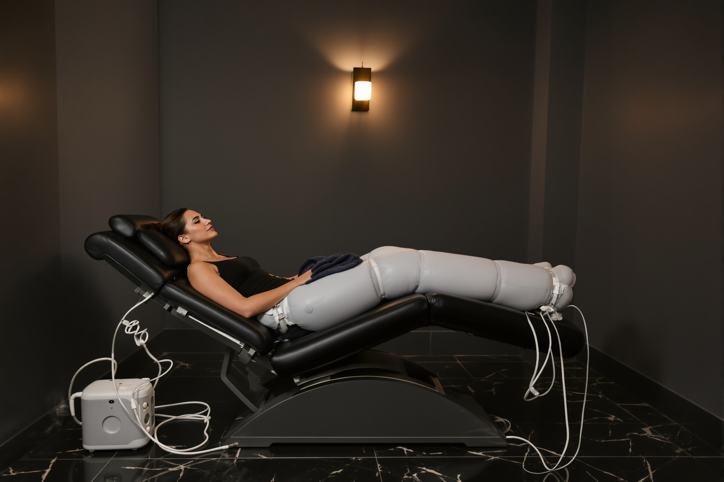 Illustration of a person relaxing in a recliner wearing full-leg compression pressotherapy sleeves